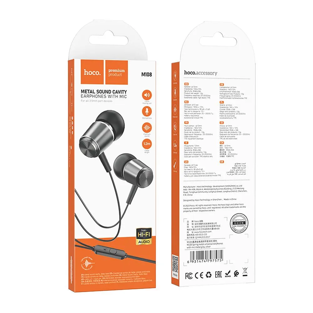 Căști cu fir HOCO M108 (jack 3,5 mm) – gri / argintiu, cu microfon [2]