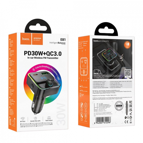 Hoco Încărcător Auto Bravery E81 cu Bluetooth, FM Transmitter, PD 30W + QC3.0, Negru [7]