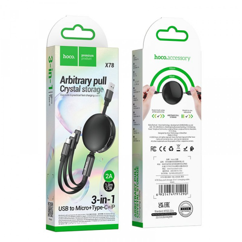 Hoco X78 - Cablu 3 în 1 USB-A la Lightning, Micro USB, Type-C 2A, 1m, Negru [2]