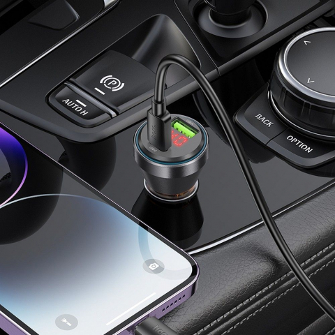 Încărcător auto Hoco NZ12B, 48W, USB-A + Type-C, afișaj LED + cablu Type-C la Lightning, transparent portocaliu [2]