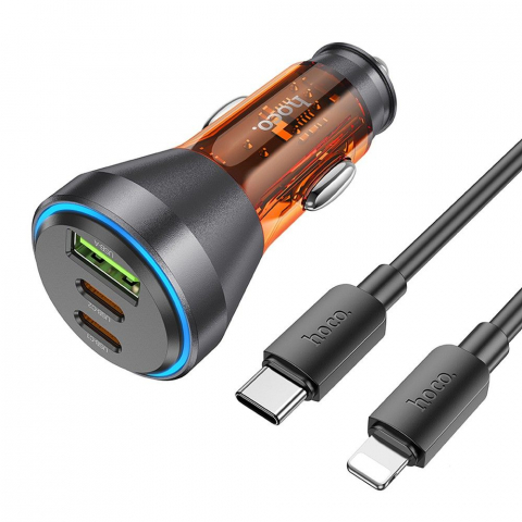Încărcător auto Hoco NZ12D, USB-A + 2 x Type-C, Cablu Type-C la Lightning, PD QC3.0 60W, Portocaliu Transparent [2]