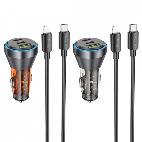 Încărcător auto Hoco NZ12D, USB-A + 2 x Type-C, Cablu Type-C la Lightning, PD QC3.0 60W, Portocaliu Transparent [1]