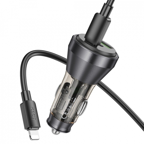 Încărcător auto HOCO USB A + 2 x Tip C + cablu Tip C la Lightning PD QC3.0 3A 60W - Transparent Negru [2]