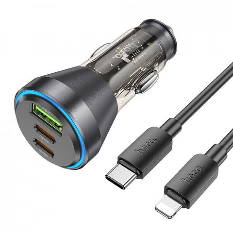 Accesorii GSM & IT - Încărcător auto HOCO USB A + 2 x Tip C + cablu Tip C la Lightning PD QC3.0 3A 60W - Transparent Negru