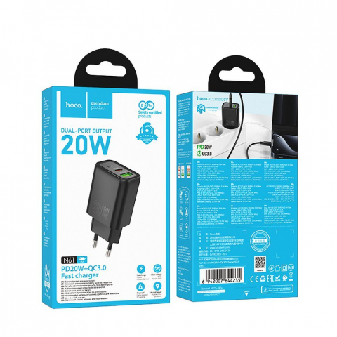 Încărcător de Rețea Hoco N61, USB-A + USB-C, 20W PD/QC 3.0, Negru [3]