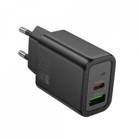 Încărcător de Rețea Hoco N61, USB-A + USB-C, 20W PD/QC 3.0, Negru [1]