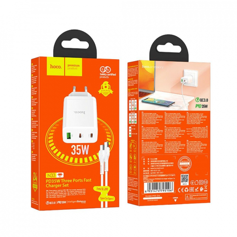 Cabluri - Încărcător Hoco 2 x Type-C + USB-A + Cablu Type-C la Type-C, PD QC3.0, 3A, 35W, N33, Alb