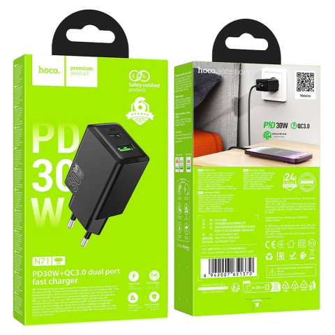 Incarcator  Hoco 30W USB-A + USB-C PD QC 3.0 AFC N71 Negru [6]