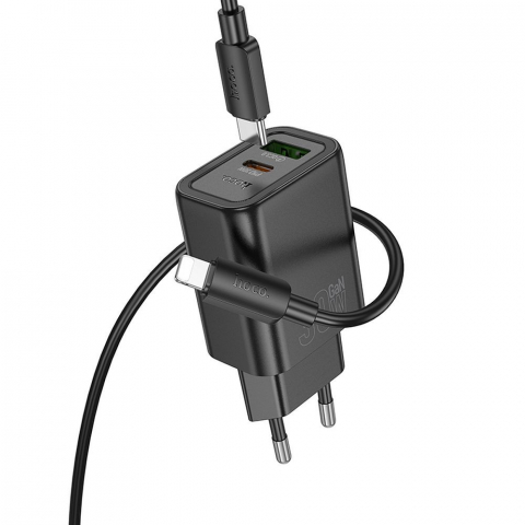 Incarcatoare - Încărcător Hoco N63 30W, USB-A + USB-C + Cablu Type-C la Lightning, Negru – Fast Charging Complet pentru iPhone
