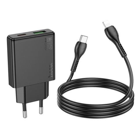 Incarcator Retea Hoco N38 Slim 20W USB-C si USB-A + Cablu Lightning Negru [1]