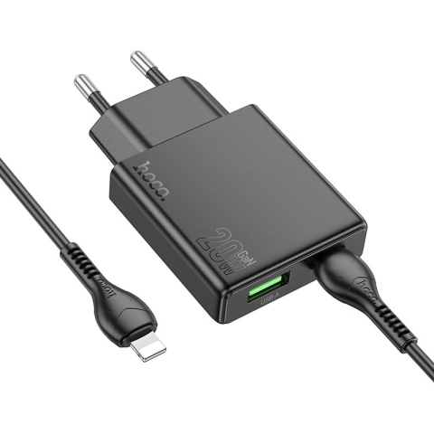 Incarcator Retea Hoco N38 Slim 20W USB-C si USB-A + Cablu Lightning Negru [3]