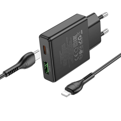 Incarcator Retea Hoco N38 Slim 20W USB-C si USB-A + Cablu Lightning Negru [2]