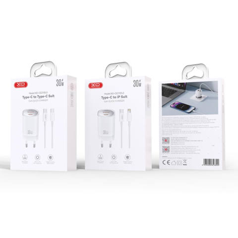 Incarcator Retea XO CE21 30W GaN cu USB-A, USB-C si Cablu USB-C la Lightning, Alb [2]