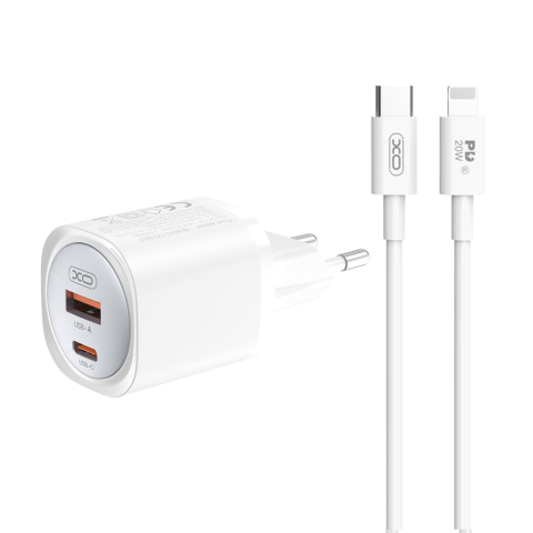 Incarcatoare - Incarcator Retea XO CE21 30W GaN cu USB-A, USB-C si Cablu USB-C la Lightning, Alb