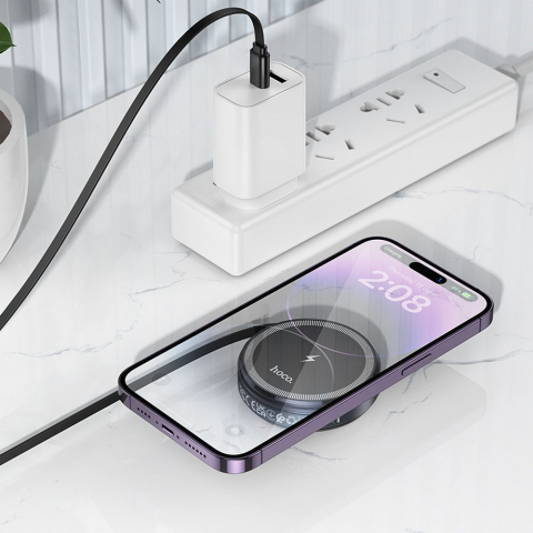 Încărcător Wireless Hoco CQ18 cu Cablu Retractabil, Compatibil MagSafe și Apple Watch, 15W, Gri Metalic [2]