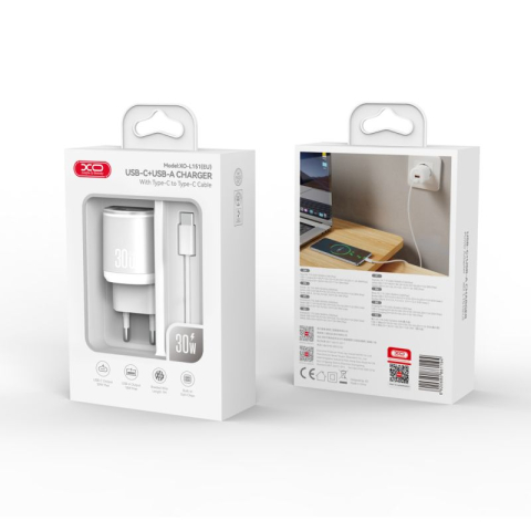 Încărcător XO L151 30W USB-A + USB-C cu Cablu Type-C – Fast Charge, Alb [1]