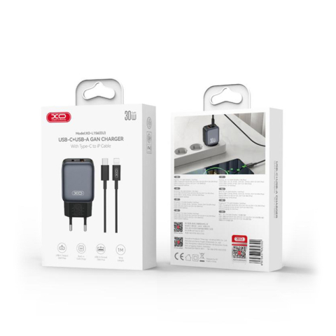 Încărcător XO L156 GaN 30W USB-A + USB-C cu Cablu Type-C – Lightning, Fast Charge [3]