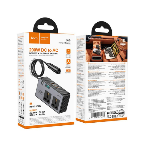 Invertor Auto HOCO Z66 200W cu 2 Prize 220V, USB-C PD 30W, 2x USB-A QC 18W, Afisaj LED, Negru [2]