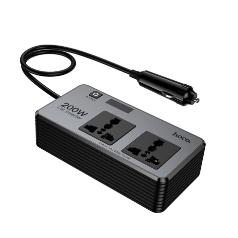 Invertor Auto HOCO Z66 200W cu 2 Prize 220V, USB-C PD 30W, 2x USB-A QC 18W, Afisaj LED, Negru [1]