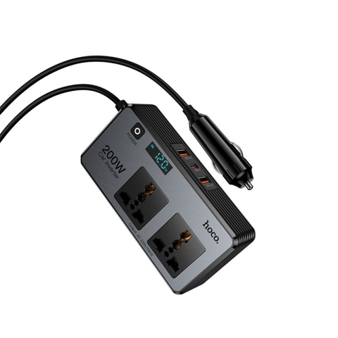 Adaptoare - Invertor Auto HOCO Z66 200W cu 2 Prize 220V, USB-C PD 30W, 2x USB-A QC 18W, Afisaj LED, Negru