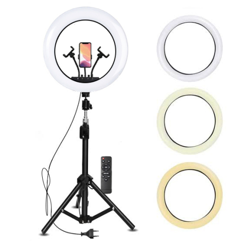 Foto-Video - Lampa Circulara LED Ring Light 56 cm cu Trepied 200 cm, 3 Moduri Lumina, 3 Suporturi Telefon, Alba