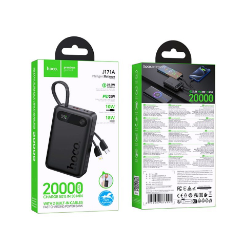 Powerbank HOCO J171A 20000mAh 22.5W PD QC cu Cabluri Incorporate USB-C + Lightning Black [2]