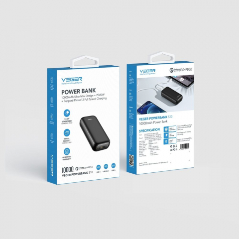 Powerbank Veger 10,000 mAh, PD QC3.0, 3A, 20W, S10, Negru [3]