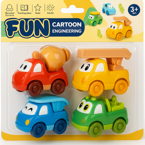 Set / masini - Set 4 mașinuțe colorate „Fun Cartoon Engineering” – jucării din plastic cu design amuzant, pentru copii 3+