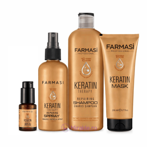 Îngrijire Păr - Set Keratina Complet- Farmasi – Sampon, Masca, Spray si Ser -- Reparare, Netezire si Luciu Intens
