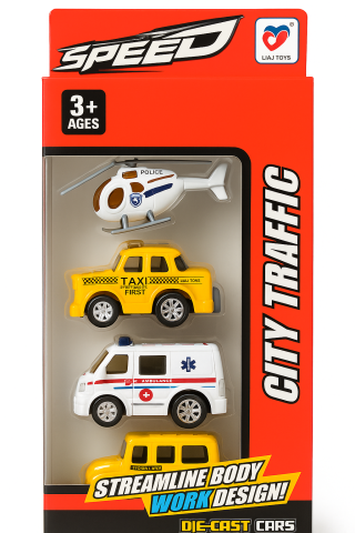 Set / masini - Set vehicule metalice CITY TRAFFIC – elicopter + taxi + ambulanță + autobuz școlar (Die-Cast)