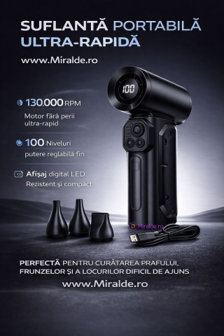 Suflantă de Aer Portabilă Hoco HX68 Turbo, 130.000 RPM, Motor Brushless, 100 Trepte, cu LED și 3 Duze [2]