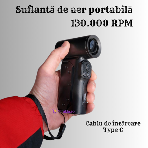 Accesorii GSM & IT - Suflantă de Aer Portabilă Hoco HX68 Turbo, 130.000 RPM, Motor Brushless, 100 Trepte, cu LED și 3 Duze