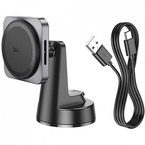 Suporturi auto - Suport Auto Hoco cu Încărcare Wireless pentru Consolă Centrală, Compatibil MagSafe, 15W, HW16, Negru/Metal Gri