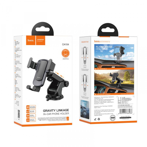 Suport Auto, pentru telefon, pentru parbriz/bord, prindere dispozitiv cu cleme, Auto-Gravity, brat telescopic, rotire 360°, Negru, HOCO (CA104) [4]