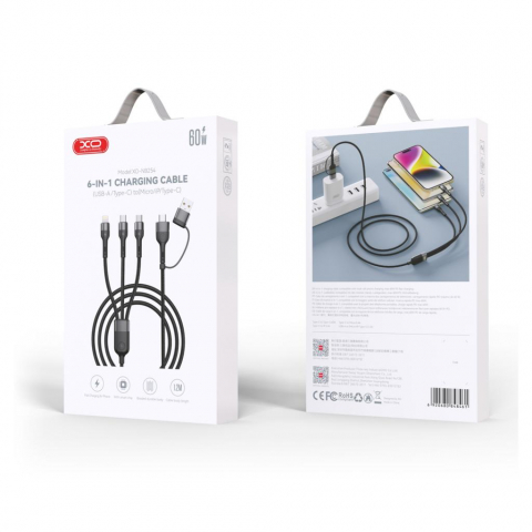 XO cablu 6 în 1 USB-A + USB-C la Lightning, Type-C și Micro USB, 1.2m, 60W, 3A (model NB254) [4]