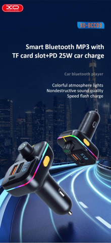 XO MP3 Wireless FM Transmitter 25W QC, USB-A + USB-C + slot TF Card, lumină ambientală, negru (model BCC09) [1]