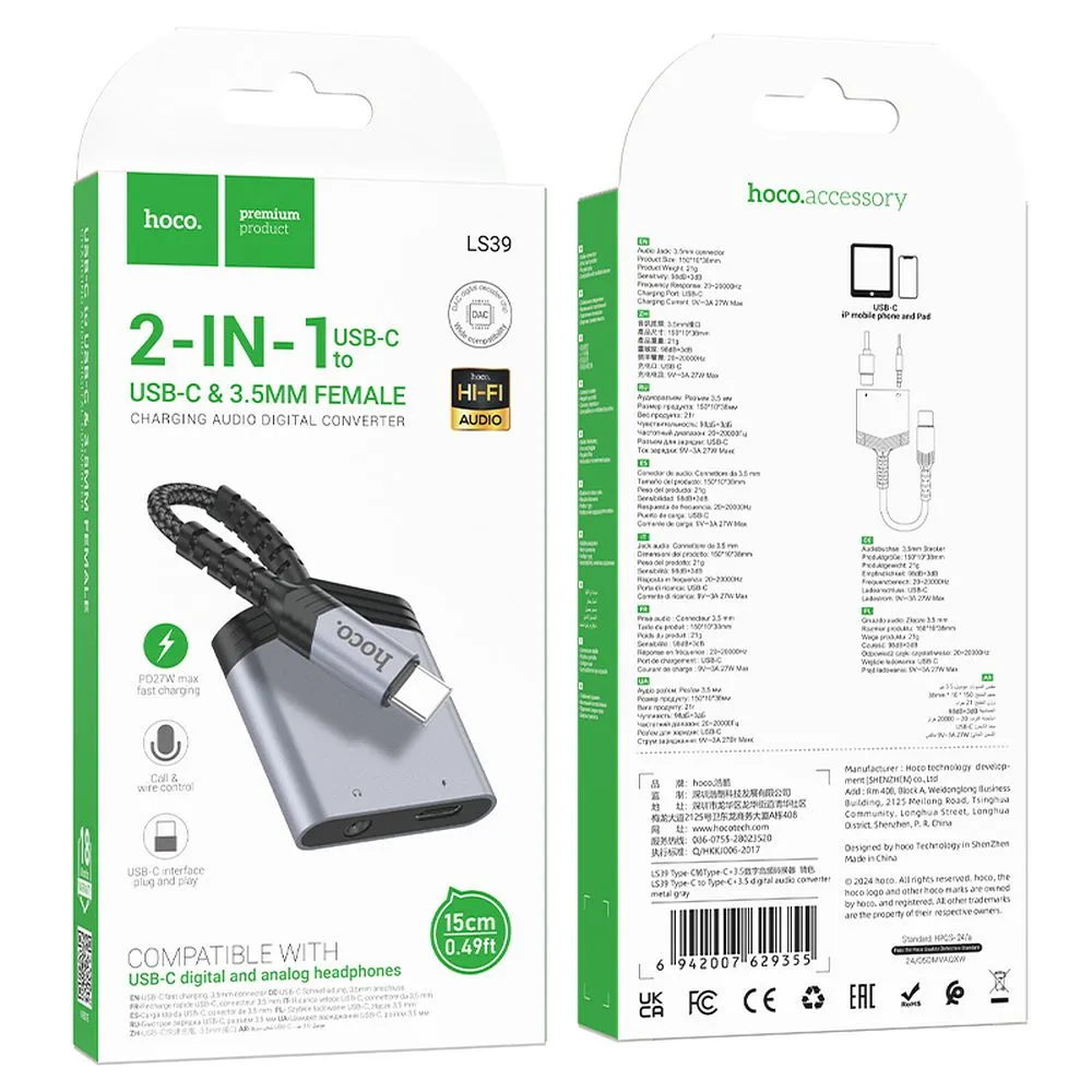 Adaptor Hoco AUX 2-în-1 Type-C la Type-C + Jack 3.5mm, 27W, LS39, Metal Gray [9]