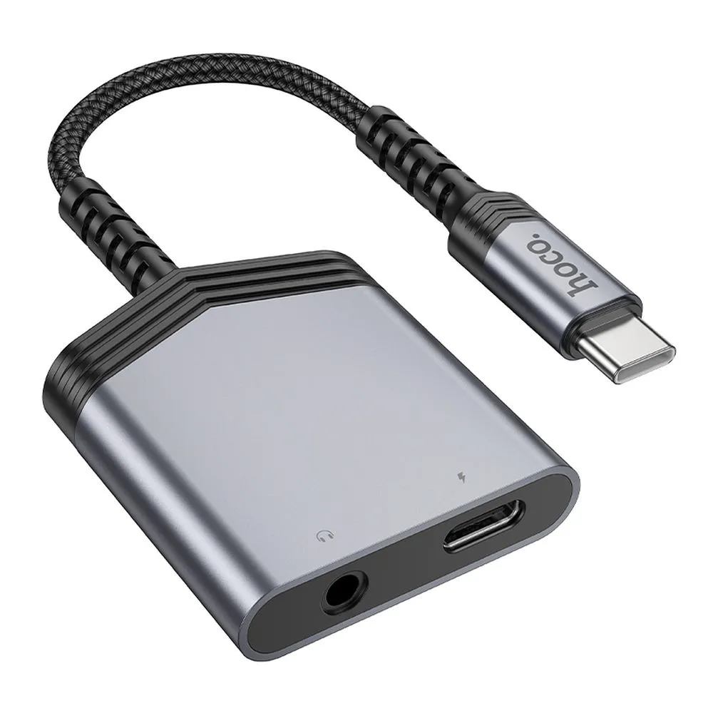 Adaptor Hoco AUX 2-în-1 Type-C la Type-C + Jack 3.5mm, 27W, LS39, Metal Gray [1]