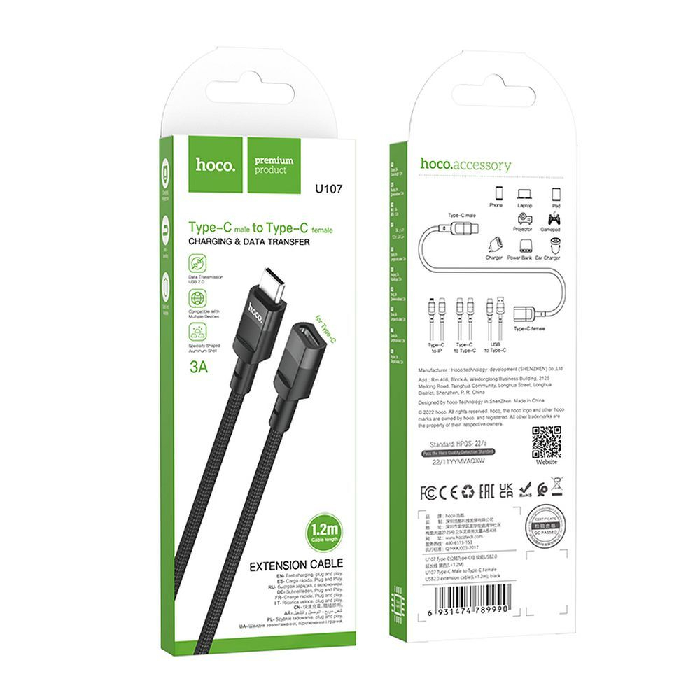 Adaptor OTG Hoco Type-C Male la Type-C Female, 3A, U107, 12 cm, Negru [9]