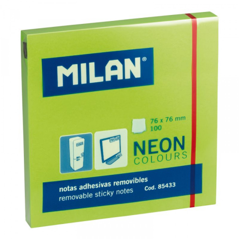 Rechizite și Birotică - Bloc Notes Adeziv Milan, 100 File - Verde Fluorescent, 76 x 76 mm