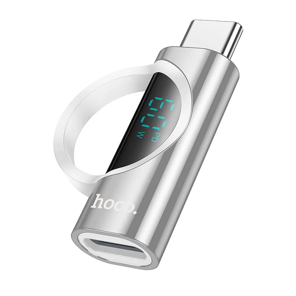 Adaptoare - Adaptor Hoco Type-C M la Lightning F, cu Display Digital 3A 60W, UA32A, Argintiu
