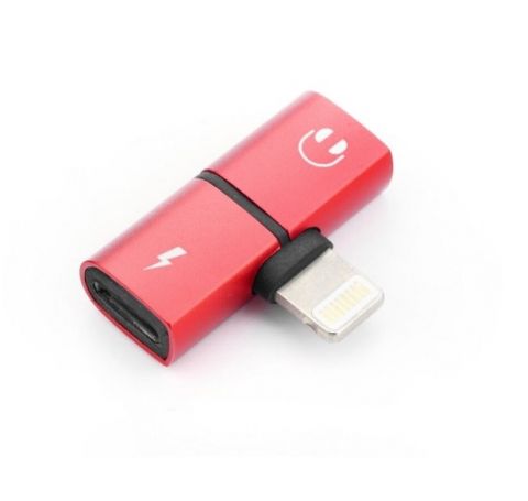 Adaptoare - Adaptor USKUS 1xLightning tată la 2xLightning mamă – Audio + Încărcare, roșu
