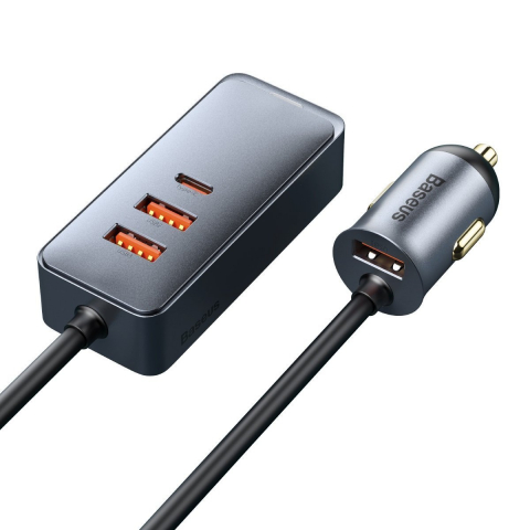 Adaptoare - Baseus Share Together PPS multi-port încărcător auto 120 W (3x USB-A + USB-C), cablu extensibil 1,5 m, gri