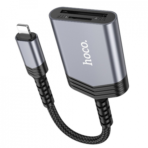 Adaptoare - Cititor Carduri Hoco UA25 2 în 1 Lightning, Gri – Transfer Rapid de Date pentru iPhone și iPad