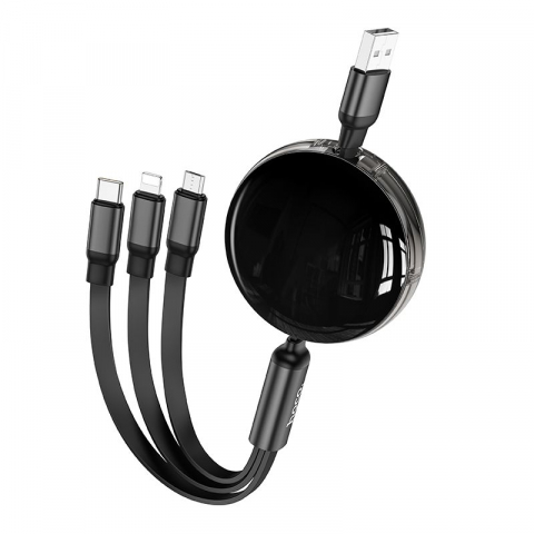 Cabluri - Hoco X78 - Cablu 3 în 1 USB-A la Lightning, Micro USB, Type-C 2A, 1m, Negru