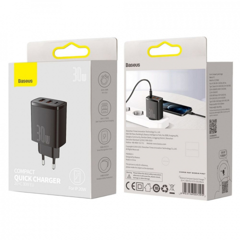 Incarcatoare - Încărcător Baseus 2 x USB-A + Type-C, PD QC3.0, 3A, 30W, CCXJ-E01, Negru