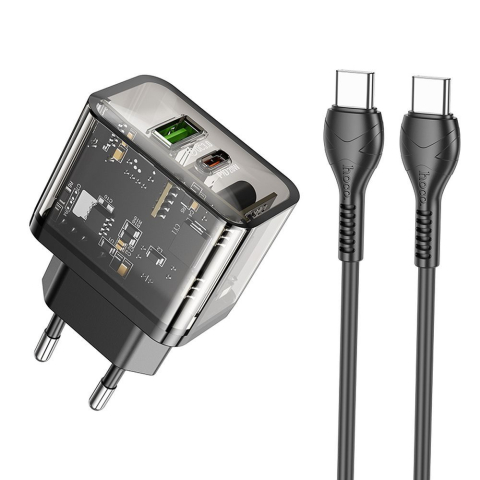Incarcatoare - Incarcator Hoco 20W USB-A + USB-C cu Cablu USB-C la USB-C N34 Transparent