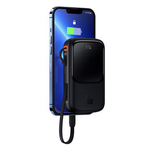 Powerbank-uri - Powerbank Baseus 10,000 mAh cu Cablu Integrat Lightning + Cablu USB-A la Type-C, PD QC3.0, 3A, 20W, PPQD020001, Negru