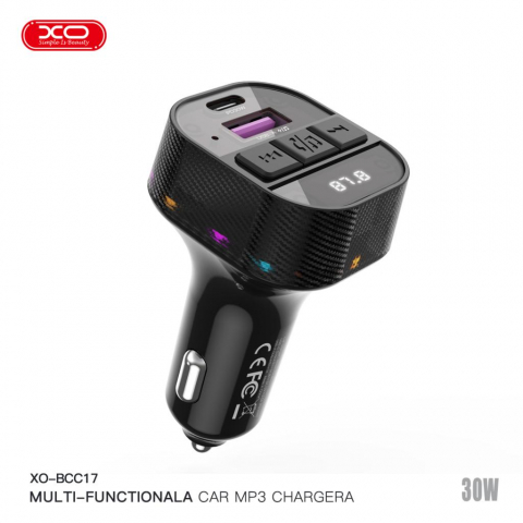 Transmitatoare audio FM - XO MP3 Wireless 30W, USB-A + USB-C, negru (model BCC17)