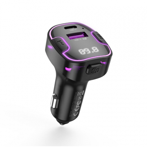 Transmitatoare audio FM - XO MP3 Wireless FM Transmitter 15.5W QC, USB-A + USB-C, lumină ambientală mov, negru (model BCC12)
